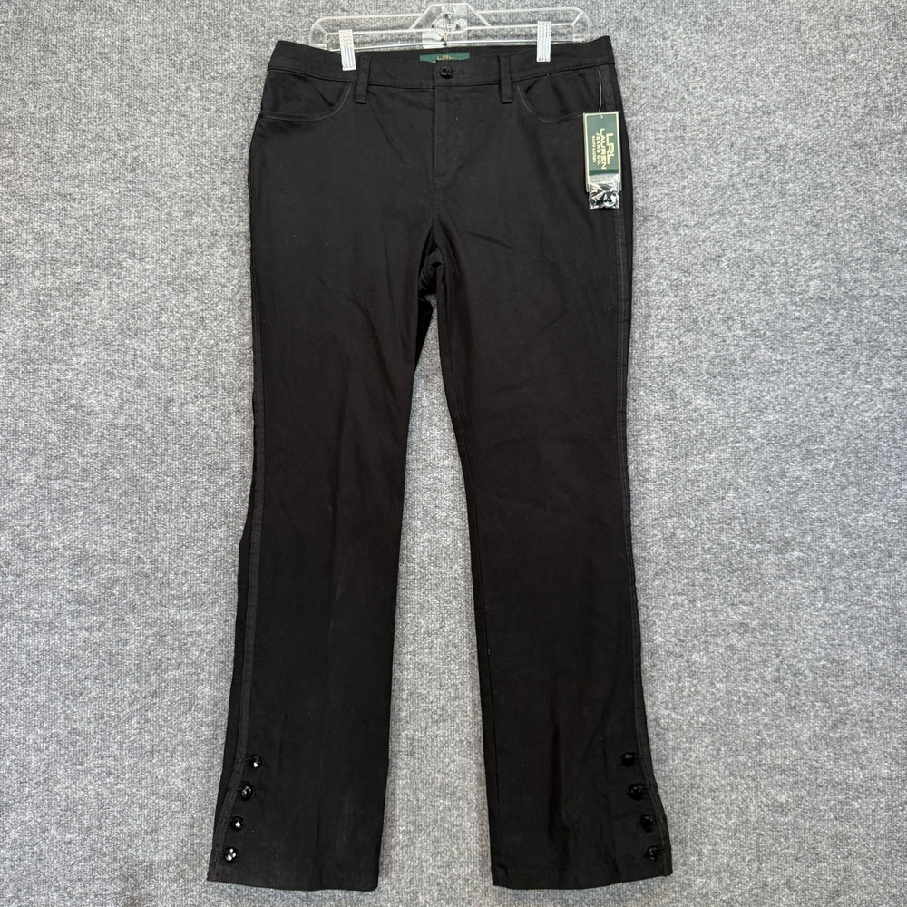 Lauren Ralph Lauren‎ Pants Women 12 Black Button Hem Stretch Straight Flare NEW
